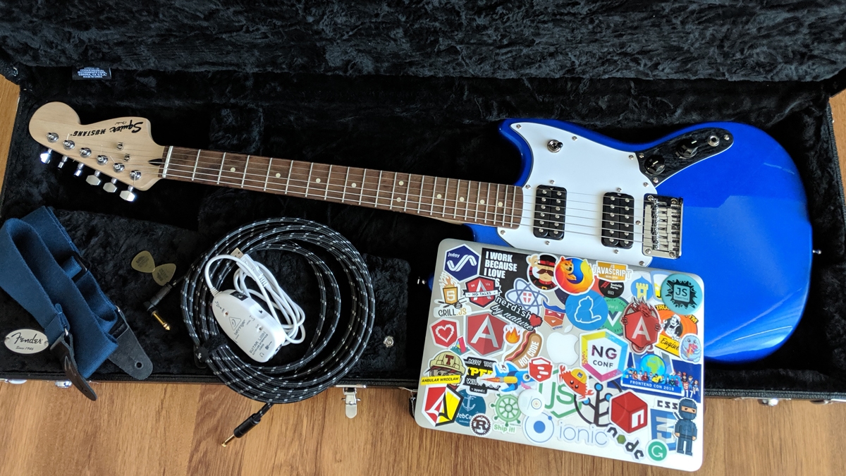 My Web Audio devices: Squier by Fender Mustang, Behringer UCG-102, MacBook Pro, cables, picks